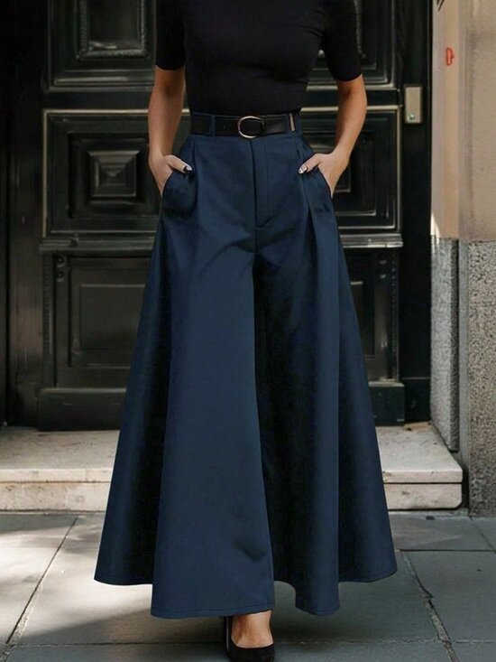 MODA ME COUTURE Pants - Navy Blue Elegant Women's Pocket Wide Leg Pants